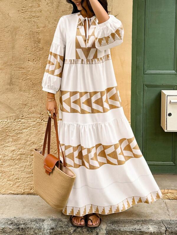 SHEINBlues Women's Bohemian Geometric Print Woven Long Sleeve Dress