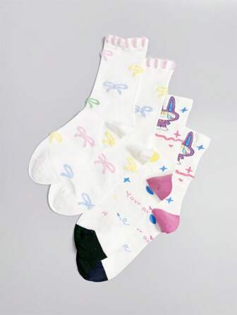 Kawaii Calcetines casuales lindos de media pantorrilla con diseño de lazo para mujeres