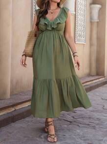Flirla Plus Size Women's Solid Color V-Neck Ruffle Trim Layered Hem Dress, Casual Resort Style For Spring/Summer - Army Green - View 4