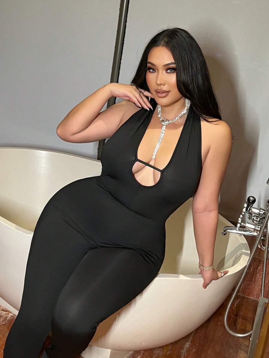 Flirla Plus Size Fashionable Sexy Backless Halter Jumpsuit - Black - View 1