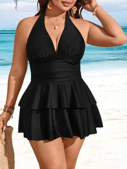 Swim Lushoire Plus Size Solid Color Halter Ruched Multi-Layer Ruched Hem Resort Style Women Swim Dress And Bottom,For Summer Beach Vacation