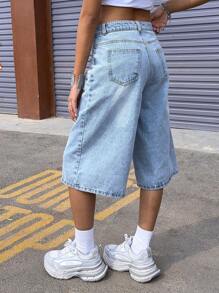 SHEIN Y2K Spring Summer Light Denim Cropped Long Shorts For Teen Girls, Loose Straight Leg Shorts, American High Street Summer New Low Waisted Slim And Wide Leg Mid Length Pants