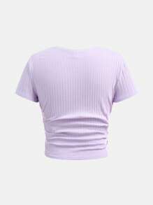 SHEIN Leap Crew Tween Girls Fitted Casual Round Neck Short Sleeve Ribbed Knit T-Shirt With Side Ruching And Scrunchie - Mauve Purple - View 2