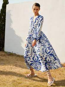 Aveloria Modichic European And American Style Elegant Luxury Elegant Lantern Sleeve V-Neck Cinched Waist A-Line Women Long Dress