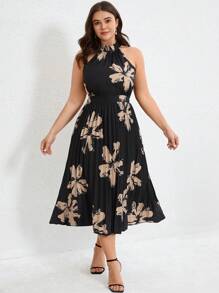 Aveloria Modichic Elegant Mature Fashion Black Base Khaki Big Flower Print Halter Tie Waist Pleated Flowy Dress, Plus Size
