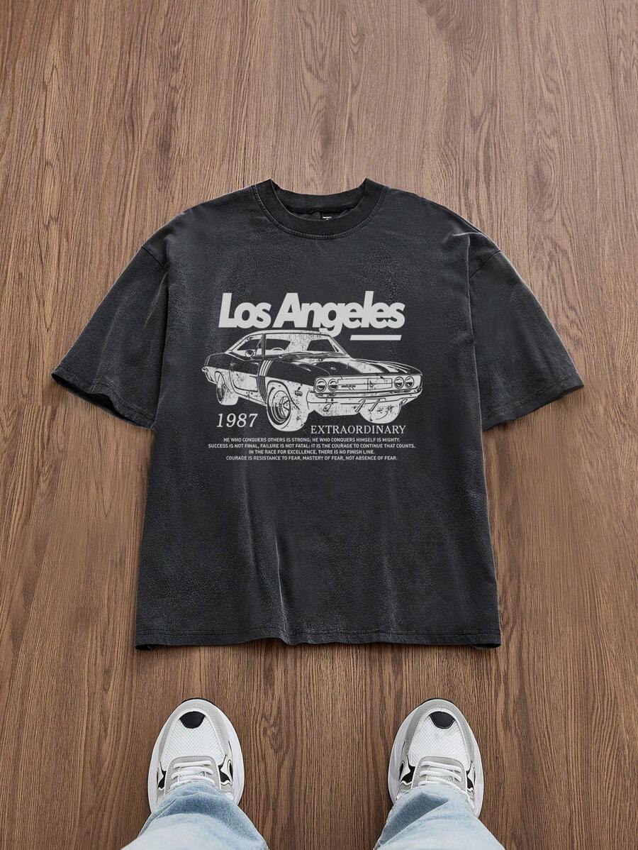 Manfinity VCAY 黑色酸洗T恤 简约时尚 日常休闲 - 黑色 - 查看 1