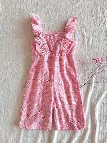 SHEIN Baby Girl Solid Color Embroidered Ruffle Hem Romper - Hot Pink - View 7
