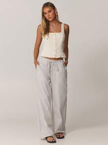 Forever 21 夏季新款松紧腰抽绳海滩度假条纹休闲女式编织长裤 - 彩色 - 查看 5