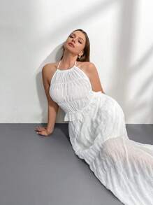Firerie Set de 2 piezas para talla grande: Top de camiseta sin mangas de tela texturizada blanca y transparente con tirantes y falda larga holgada con opción de lazo y forro interior, elegante y apropiado para vacaciones, tardes de té, citas, conciertos, fiestas, estilo retro escolar, sesiones de fotos en la playa.