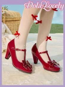 Dola Lovely 女士黑白玛丽珍经典复古洛丽塔蕾丝图案高跟鞋 - 紅色 - 查看 4