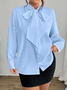 Calvaya 大码纯色时尚休闲蝴蝶结长袖基本款衬衫，适合春秋季节