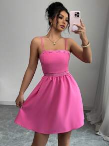 Elenzga Women's Solid Color Spaghetti Strap Simple Short Dress, Casual Vacation - Hot Pink - View 4