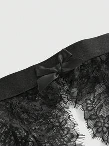 ROMWE Goth Set de lencería de 4 piezas con bralette de cuello halter, tanga, liguero y bata con diseño de mariposa gótica de encaje