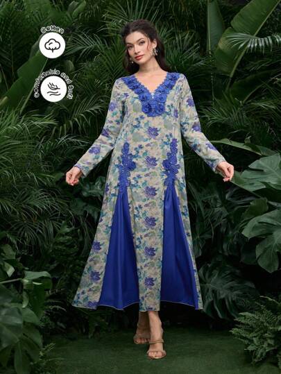 Al Najma 女士优雅花卉印花拼接宽松长裙，适合派对