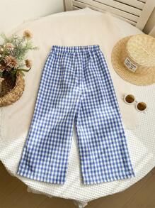 SHEIN LMoss Kids Pantalones casuales holgados de cuadros tejidos para niña joven LMoss