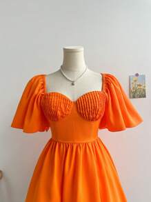 Soleia Orange Strapless Shirred Waist Balloon Sleeve A-Line Mini Dress For Women,Dress For Women,Vacation Dress Women,Birthday Dress For Women,Mardi Gras,Spring/Summer Dress For Women,Music Festival Outfit Women,Easter Dress Women,Western Wear Women,Graduation Dress