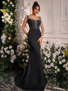 Glamrae Elegant Black V-Neck Long Sleeve Luxury 3D Rhinestone Handmade Beaded Sheer Mesh Backless Mermaid Tail Train Evening Gown,Party Dress,Formal,Wedding Guest