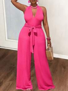 Slaydiva New 2025 Curve Plus Size Women Rose Red Elastic Pleated Fabric Deep V Neck Backless Halter Long Jumpsuit, Suitable For Beach & Holiday & Sexy - Hot Pink - View 7