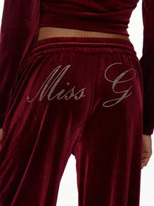 MISSGUIDED Luxe Velvet Tracksuit Set Lounge Wear Zip-Up Crop Jacket Wide Leg Pants Athletic Leisure Suit Soft Plush 2 Piece Set Casual Workout Outfit Gym Athleisure Christmas - Burgundy - View 8