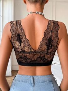 1pc Wireless Lace Front Hook Closure Thin Scoop Neck Seamless Lingerie Bra, Minimized Design For Small Bust - Black - View 2