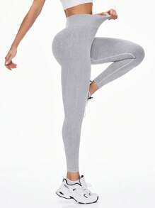 Seamless & High Stretch Workout Leggings, Ribbed Skinny Tights - Light Grey - View 6