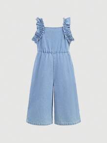 SHEIN Macacão Denim Azul Claro Simples e Casual do Dia a Dia para Menina, Vestimenta Casual de Primavera e Verão, Férias, Estilo Boho Country para Meninas, Looks de Praia e Country para Meninas - Lavagem clara - Visão 2