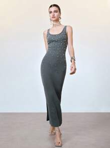 SHEIN Unity Women's Sand Washed Elegant Pearl Decor Cotton Slim Fit Bodycon Tank Maxi Dress,Charcoal Gray Summer Dinner Date Vacation Beach Wear Outfit - Grey - View 5
