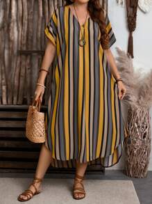 EMERY ROSE Vestido casual recto holgado con cuello en V, mangas de murciélago y rayas para mujer talla grande