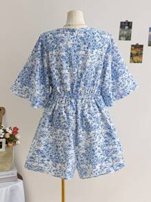 Soleia Plus Size Women's V-Neck Floral Print Flared Sleeve Jumpsuit, Spring Vacation