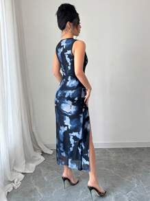 Elenzga Summer New Tie-Dye Tie Dye Mesh Slit Bodycon Dress - Multicolor - View 2