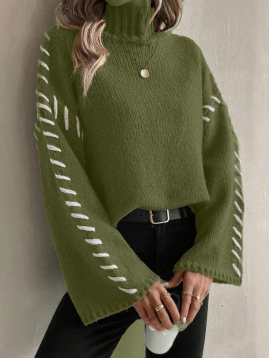SHEIN LUNE Women's Solid Color Patchwork Turtleneck Long Sleeve Casual Sweater Knit Pullover Fall Winter - Green - View 1