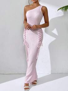 SHEIN Unity Elegant Nobility Sexy Oblique Shoulder Waist Fitting Party Cocktail Dress - Pink - View 3