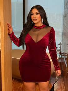 Franclia Plus Size Women Solid Color Stand Collar Mesh Short Sleeve Simple Shift Dress, Wine Red - Burgundy - View 6