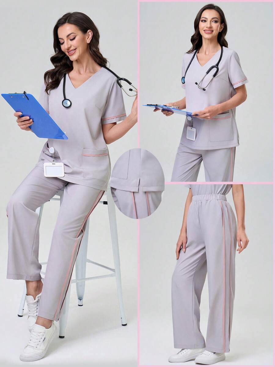 TaskEZ Colorful Spring And Summer Fashion Casual Multi-Functional Multi-Pocket Comfortable Women's Scrub Uniforms, Suitable For Hospitals, Clinics And Pet Hospitals,Solid Color Pocket Short Sleeve Top And Pants Scrub Uniform Set,Easter Women's Scrub Uniform