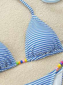 Soleia 2pcs/Set Women's Blue And White Striped Halter Tie Bikini Set,Cute Colorful Beaded Decorative Swim Suits For Women,Summer Holiday Pool Party Beachwear - Blue and White - View 4