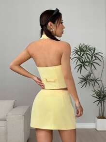 Flirla Asymmetric Lapel Button Vest & Low Waist Skirt Set - Yellow - View 2