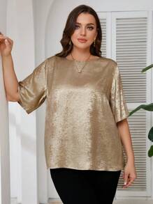 SHEIN Frenchy 1 Pieza Camiseta dorada de manga corta para mujer de talla grande, camiseta dorada de corte holgado a la moda, nuevo lanzamiento de primavera y verano 2025 - Dorado - Ver 7