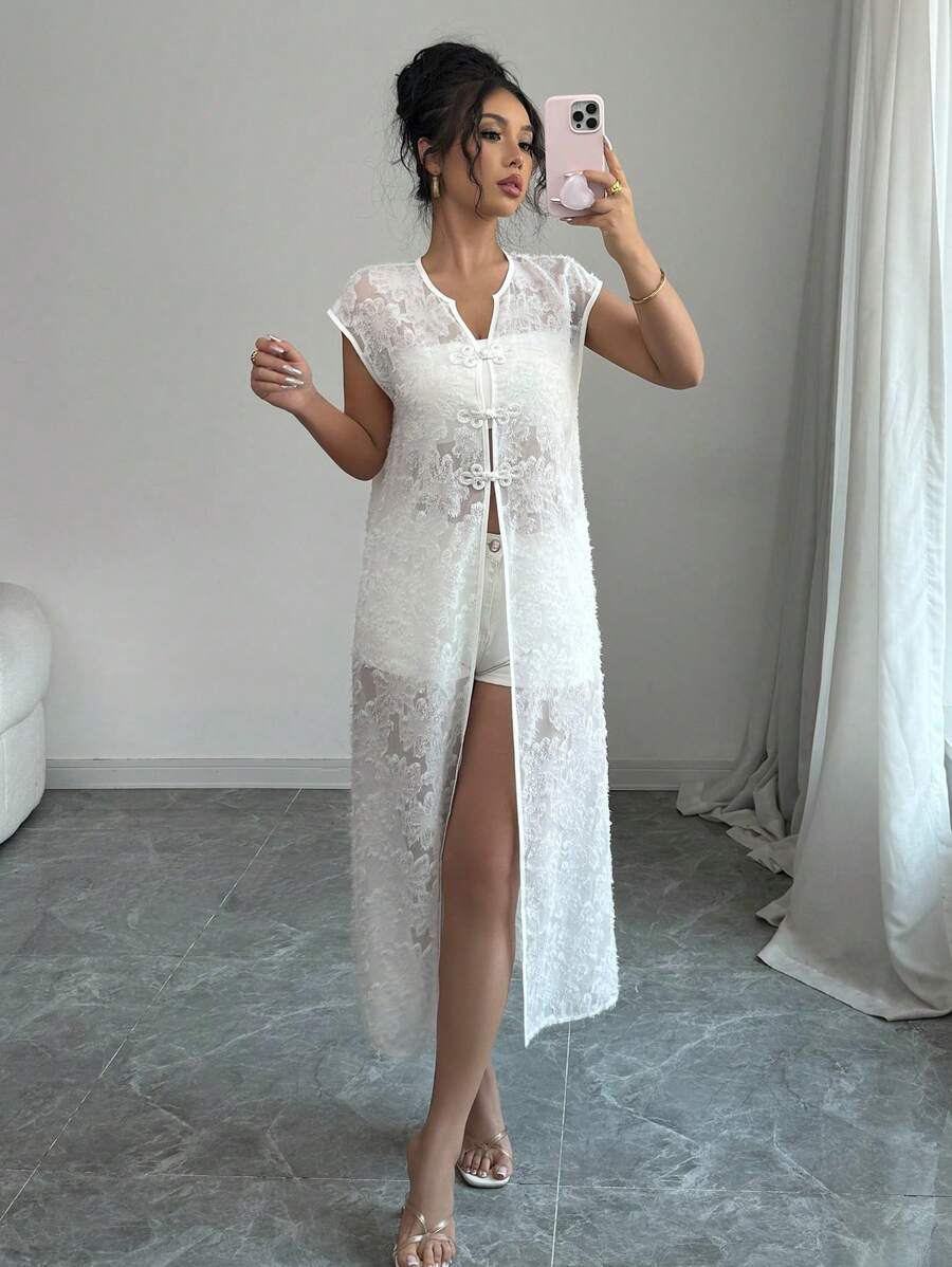 Elenzga 女式无袖纹理网眼雏菊毛茸茸透明优雅百搭衬衫 - 白色 - 查看 1