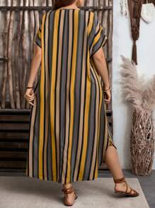 EMERY ROSE Vestido casual recto holgado con cuello en V, mangas de murciélago y rayas para mujer talla grande