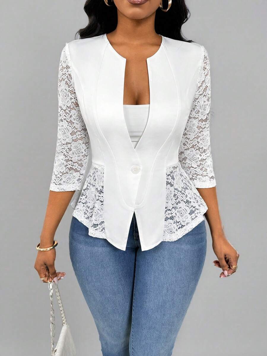 SHEIN Unity Women's Minimalist Front Button Lace Patchwork Casual Blazer - White - View 1
