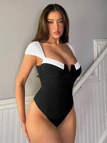 Firerie Women's Elegant Contrast Black And White Color Asymmetric Deep V-Neck Sleeveless Bodysuit , Full Coverage Bikini For Vacation,Beach,Summer/Spring