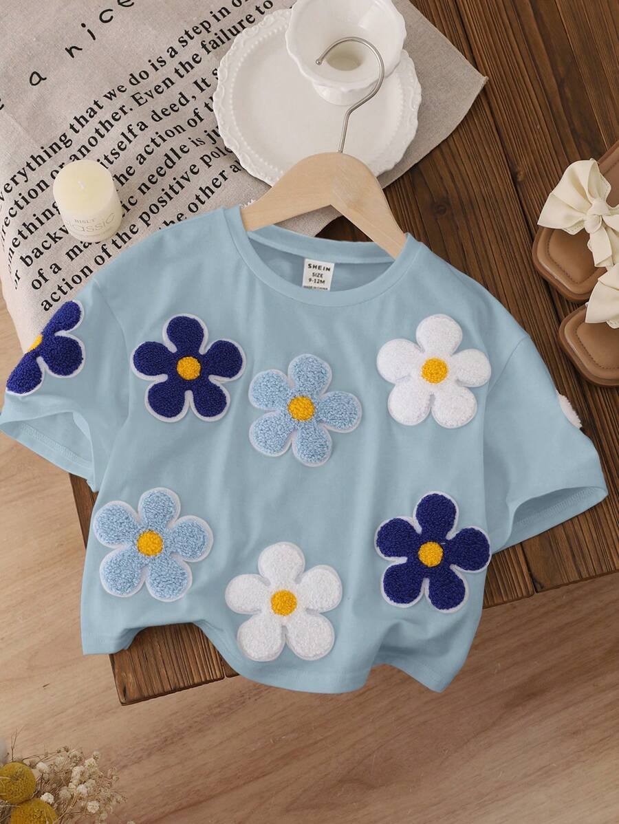 SHEIN 女宝宝短袖圆领T恤简约时尚休闲日常 - 藍色 - 查看 1