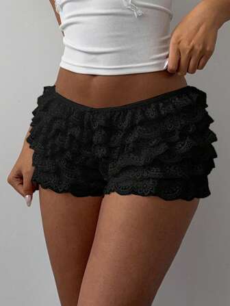 Aloruh Women's Music Festival Stylish Contrast Color Lace Trim Netted Multilayer Ruffle Hem Super Short Shorts, Spring/Summer