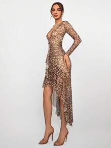 Aloruh Women's New Mesh Leopard Print Tight Long Sleeve Deep V Waist Ruched Ruffled Trim Elegant Fitted Jumpsuit Dress