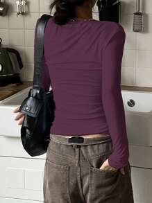 DAZY Casual All-Match Simple Solid Color Round Neck Long-Sleeved T-Shirt,Fall Clothes Long Sleeve Women Tops - Red Violet - View 4