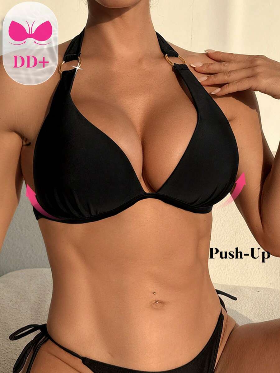 Swim DD+ Áo bơi tam giác cổ yếm cỡ lớn màu trơn có trang trí kim loại và gọng cúp ngực, cho kỳ nghỉ hè ở bãi biển - màu đen - Xem 1