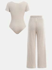 Girlism Tween Girls 2 件罗纹紧身衣和阔腿裤套装，舒适家居服健身运动服，休闲风格，长袖紧身衣和宽松裤子，秋冬基本必备品