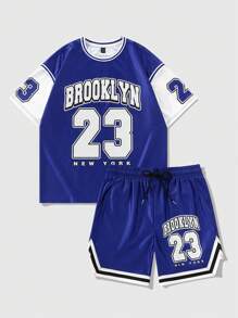 ROMWE MEN Prep 男士简约休闲日常短袖T恤和短裤套装 - 藍色 - 查看 3