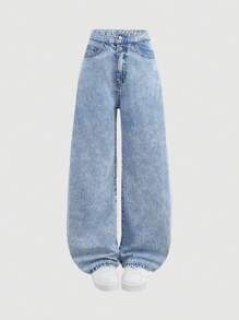 SHEIN Girlism Teen Girls Y2K Blue DenimStreet Cool Style Patchwork Wide-Leg Loose High-Waist Pants, Girl Fall And Winter Clothes - Light Wash - View 5