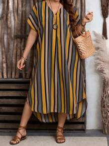 EMERY ROSE Vestido casual recto holgado con cuello en V, mangas de murciélago y rayas para mujer talla grande